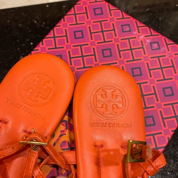 TORY BURCH 8.5M BRIGHT POPPY ORANGE MINI MILLER TYPE ALL LEATHER STRAP SANDALS - Picture 10 of 15